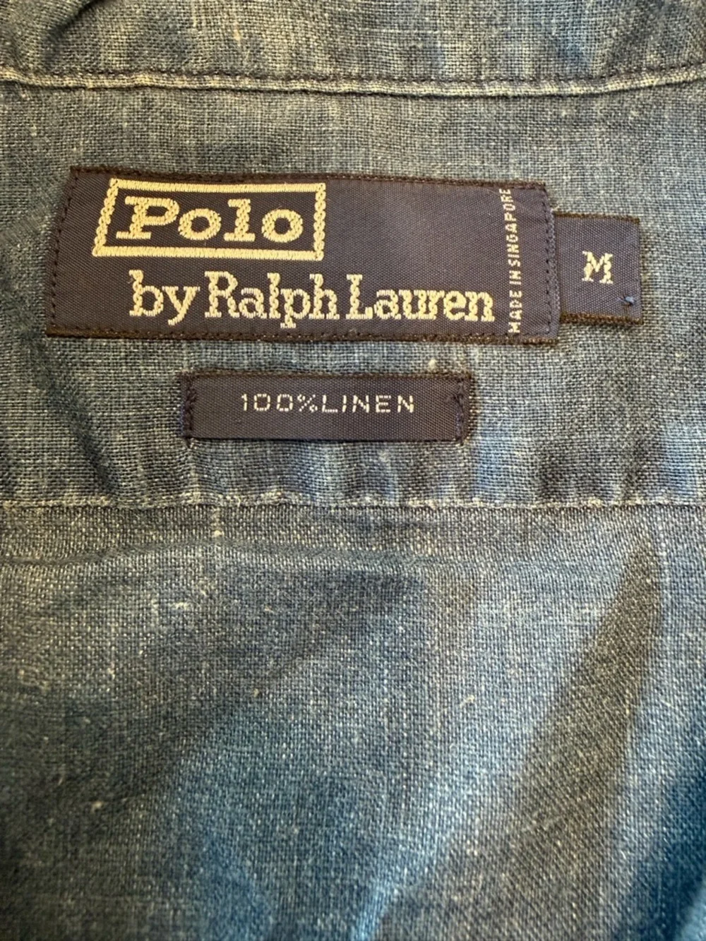 Polo by Ralph Lauren Heathered Blue Short- 100% linen Sleeve Polo with Pocket! M